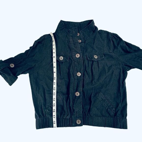 Mine Blue Cotton Linen Blend Cropped 3/4 roll sleeve jacket Size Junior Large - Picture 6 of 12